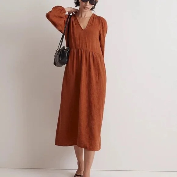 MADEWELL - Lightspun Cotton Gauze V-Neck Midi Dress - Burnt Clay - Medium - BNWT - Picture 2 of 16